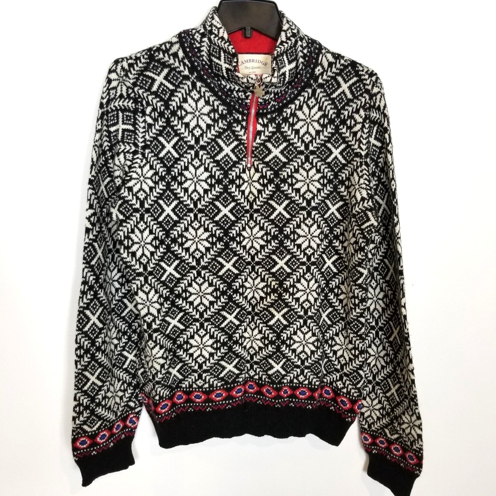 VTG Cambridge Dry‎ Goods  Lambswool Alpaca Pullover L Fair Isle 1/4 Zip Black